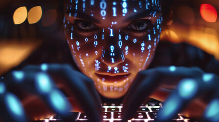The seamless integration of human and digital security measures through a captivating image of someone typing, their face and hands bathed in binary code, highlighting cybersecurity innovation.
