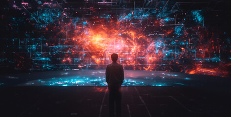 Fototapeta premium background with code and rays, person in the night, welder welding steel, welder at work, Digital technology internet network connection