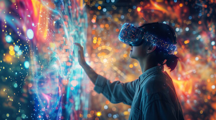 Experience the future of technology with a visualization of someone delving into the AI mind via virtual reality, symbolizing the complex digital processes of artificial intelligence.