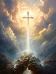 Cross in the clouds radiates the light of faith and hope - obrazy, fototapety, plakaty