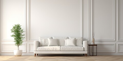 Naklejki  White sofa and carpet in modern living room with open door and herringbone parquet, blank wall background for interior design concept.