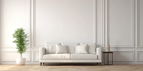 Peel and stick wall murals Graffiti collage White sofa and carpet in modern living room with open door and herringbone parquet, blank wall background for interior design concept.