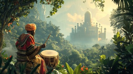person in ornate clothing and a turban playing a drum amidst a lush jungle