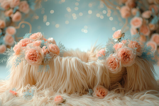 Newborn digital backdrop. Moses basket, fur nest, featherbed, fluffy bed, Composite, photo props.