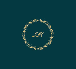 Handwritten golden JH getters logo with a minimalist design. letter JH logo manual elegant minimalist signature logotype. JH letter consist of intertwined elements into circle.