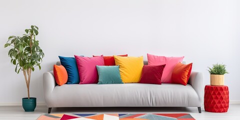 Colorful pillows on red corner couch in white living room with gray rug, real photo.
