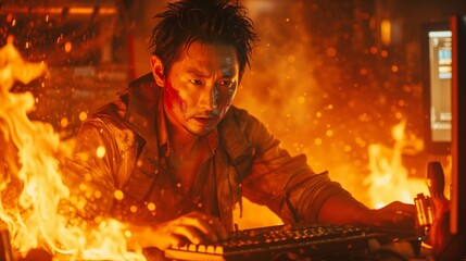 man is immersed in intense work on his computer, surrounded by a dynamic fiery glow, symbolizing passion and dedication. Concentration and fiery determination encapsulate a man working at his computer