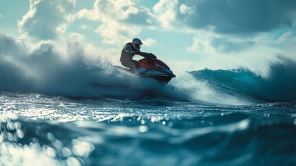 A jet ski leaping through the waves at high speed, a thrilling dance with the ocean's power. 