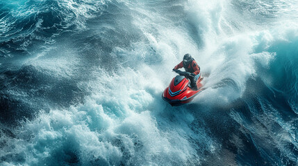A jet ski leaping through the waves at high speed, a thrilling dance with the ocean's power.  - obrazy, fototapety, plakaty