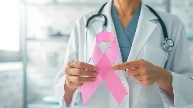 Doctor Holds Pink Ribbon, International Breast Cancer Day.