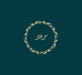 Handwritten golden PJ getters logo with a minimalist design. letter PJ logo manual elegant minimalist signature logotype. PJ letter consist of intertwined elements into circle.