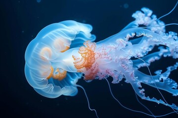 Gracefully gliding through the depths, a bioluminescent jellyfish illuminates the dark waters, showcasing the wonder of marine invertebrates