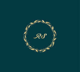 Handwritten golden RS getters logo with a minimalist design. letter RS logo manual elegant minimalist signature logotype. RS letter consist of intertwined elements into circle.