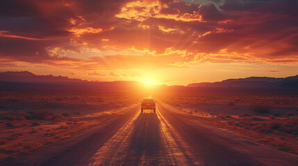 A pickup truck on a deserted road, framed by the breathtaking beauty of a desert sunset.  - obrazy, fototapety, plakaty