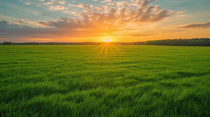 Sunset or sunrise over green field with grass and trees. Landscape.