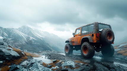 A rugged off-road vehicle conquering a rocky terrain under a stormy sky, showcasing resilience. 