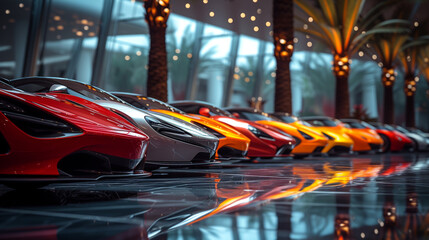 A row of supercars displayed in front of a modern architectural marvel, a fusion of art and...