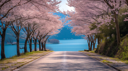 Cherry blossoms in full bloom along the road at the lake