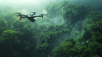 Fototapeta na wymiar A sleek drone hovering above an ancient rainforest, capturing the vastness and mystery from the skies. 