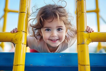 A joyful toddler gleefully ascends the vibrant jungle gym, her smiling face adorned with colorful clothing, while a playground slide and climbing frame await her adventurous spirit in the outdoor pla - obrazy, fototapety, plakaty