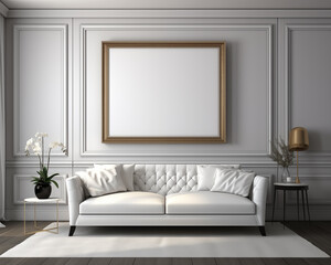 Art Deco Style Furniture Room Mockup, Empty Poster Frame Mockup, 3D Render Interior Mockup - obrazy, fototapety, plakaty