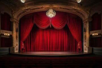 Theater stage with red curtains and spotlights. Theatre stage in red, performances, art performances, theatre