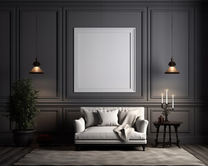 Colonial Style Furniture Room Mockup, Empty Poster Frame Mockup, 3D Render Interior Mockup
