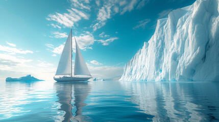 A solitary sailboat navigating through icebergs, illustrating a journey of exploration and...