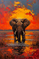 Elephant Painting at Vibrant Sunset 