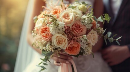 Groom are hugging the bride with purple flower wedding bouquet