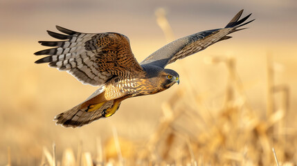 Fototapeta premium wallpaper of a harrier hawk flying with hay fields in the background, with empty copy space