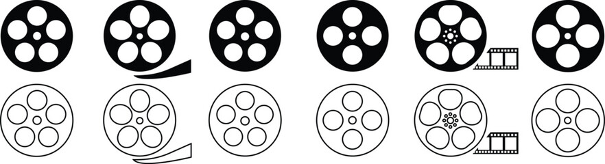 Film reel icon set. Black movie reel icon in vintage style. Old retro reel with film strip flat or line vector collection isolated on transparent background. Photographic, Curved film strip PNG. - obrazy, fototapety, plakaty