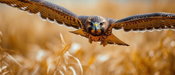 wallpaper of a harrier hawk flying with hay fields in the background, with empty copy space - obrazy, fototapety, plakaty