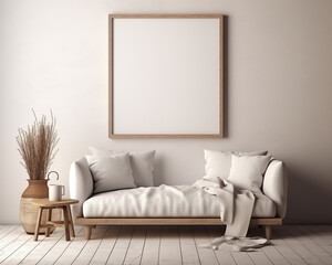 Farmhouse Style Furniture Room Mockup, Empty Poster Frame Mockup, 3D Render Interior Mockup