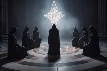 A solemn assembly of cloaked figures in a grand cathedral, encircling a glowing geometric symbol suspended in mid-air, with ambient light casting a serene yet enigmatic mood