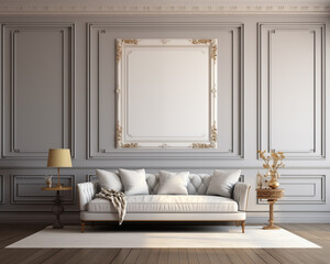 Georgian Style Furniture Room Mockup, Empty Poster Frame Mockup, 3D Render Interior Mockup