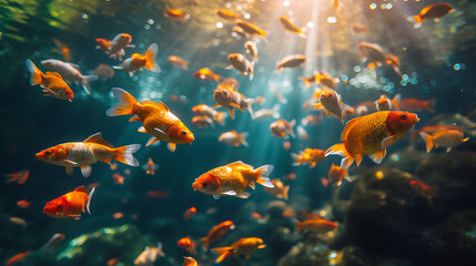 beautiful koi fishes in underwater with the sunlight penetration - obrazy, fototapety, plakaty