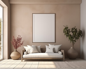Fototapeta na wymiar Greece Style Furniture Room Mockup, Empty Poster Frame Mockup, 3D Render Interior Mockup