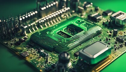 Obraz premium Modern microchip or circuit board manufacturing background close up view. Computer micro chip Macro Photography- Electronic Chip, Motherboard. cyberspace, big data, cyber, intelligence, binary concept