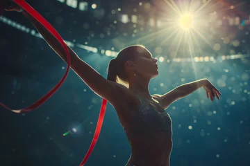 Foto op Plexiglas Beautiful young woman gymnast with ribbon posing on stage under spotlights © mihail
