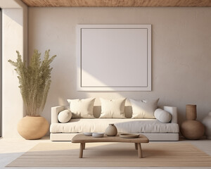 Greece Style Furniture Room Mockup, Empty Poster Frame Mockup, 3D Interior Render
