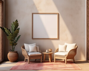 Mediterranean Style Furniture Room Mockup, Empty Poster Frame Mockup, 3D Render Interior Mockup