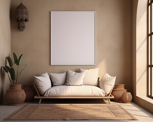 Mediterranean Style Furniture Room Mockup, Empty Poster Frame Mockup, 3D Render Interior Mockup