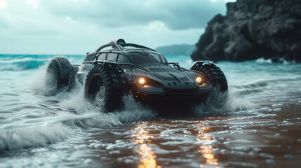 An amphibious vehicle emerging from the water onto a secluded beach, blurring the lines between land and sea.  - obrazy, fototapety, plakaty