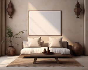 Mediterranean Style Furniture Room Mockup, Empty Poster Frame Mockup, 3D Render Interior Mockup