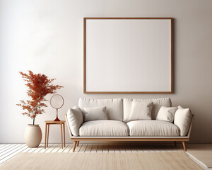 Mid Century Style Furniture Room Mockup, Empty Poster Frame Mockup, 3D Render Interior Mockup