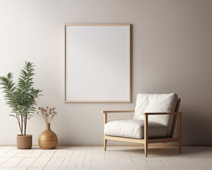 Modern Style Furniture Room Mockup, Empty Poster Frame Mockup, 3D Render Interior Mockup