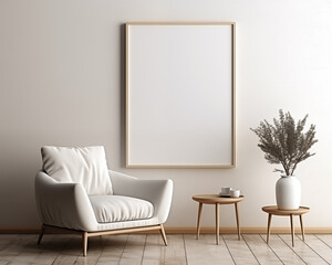 Modern Style Furniture Room Mockup, Empty Poster Frame Mockup, 3D Render Interior Mockup