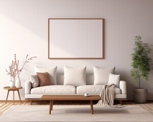 Modern Style Furniture Room Mockup, Empty Poster Frame Mockup, 3D Interior Render