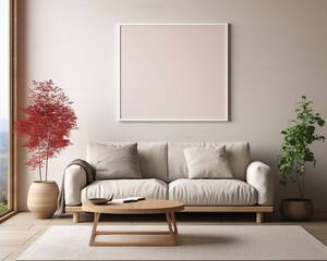 Nordic Style Furniture Room Mockup, Empty Poster Frame Mockup, 3D Render Interior Mockup